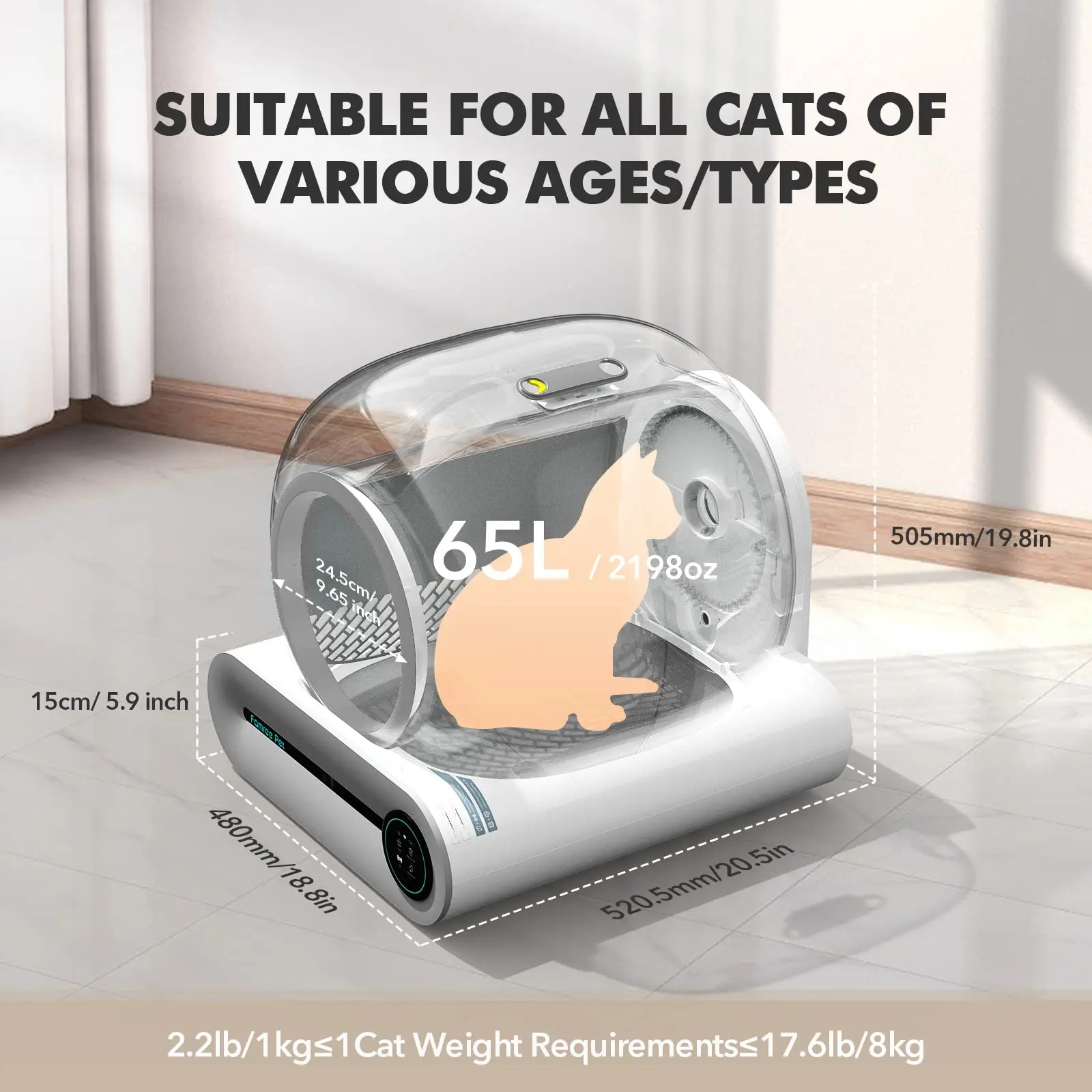 Smart Self-Cleaning Cat Litter Box Automatic Cat Litter Cleaning Robot with 65L+9L Large Capacity APP Control for Multiple Cats